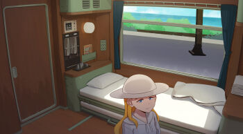 1girl abubu blonde_hair blue_eyes commentary commentary_request english_commentary hat highres hood hoodie indoors long_hair mixed-language_commentary original solo