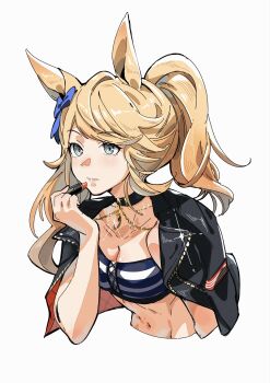 1girl alternate_hairstyle animal_ears applying_lipstick applying_makeup aqua_eyes bandeau black_choker black_jacket blonde_hair blue_bow bow breasts chain choker cleavage commentary_request cosmetics ear_bow gold_chain gold_city_(authentic/1928)_(umamusume) gold_city_(umamusume) highres holding holding_lipstick_tube horse_ears horse_girl jacket jacket_on_shoulders lipstick_tube long_hair medium_breasts midriff navel ohayonabeno ponytail simple_background solo strapless striped_bandeau tube_top umamusume white_background