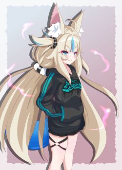 Rule 34 | 1girl, absurdres, ahoge, alternate costume, animal ears, black hoodie, blonde hair, blue eyes, blue streaks, blunt bangs, blush, cat ears, closed mouth, commentary request, fang, fins, fish girl, fish tail, hands in pocket, highres, hood, hoodie, indie virtual youtuber, long hair, looking at viewer, low twintails, multicolored hair, o-ring, o-ring thigh strap, one side up, rei (2812q), sameko saba, sidelocks, skin fang, solo, streaked hair, tail, thigh strap, twintails, very long hair, virtual youtuber