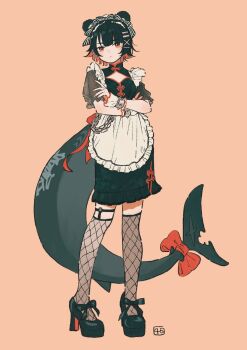 1girl apron black_shoes bow chinese_clothes colored_inner_hair crossed_arms ellen_joe fins fish_tail fishnet_thighhighs fishnets full_body high_heels highres looking_at_viewer maid maid_headdress mole mole_under_eye multicolored_hair orange_background qi_maid razor_blade_hair_ornament red_bow red_nails shark_girl shark_tail shiro_chan46 shoes tail tail_ornament thighhighs white_apron zenless_zone_zero