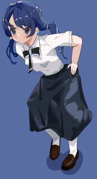 1girl absurdres black_bow black_bowtie black_skirt blue_background blue_eyes blue_hair blush bow bowtie brown_shoes closed_mouth collared_shirt commentary dressing full_body highres link!_like!_love_live! llb loafers long_skirt looking_at_viewer love_live! low_twintails murano_sayaka murano_sayaka_(summer_casual) shadow shirt shoes short_sleeves simple_background skirt socks solo standing twintails virtual_youtuber white_shirt white_socks