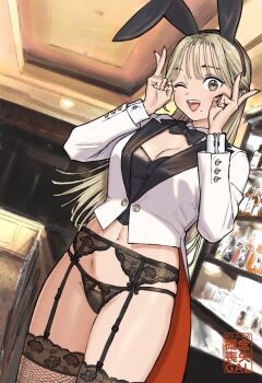 1girl ;d animal_ears bar_(place) black_bow black_bowtie black_hairband black_panties black_thighhighs blonde_hair bow bowtie breasts brown_eyes cleavage coattails commentary_request curry_soba double_v dutch_angle fake_animal_ears fishnet_thighhighs fishnets garter_belt hairband hands_up highres indoors jacket long_hair long_sleeves looking_at_viewer medium_breasts mole mole_under_eye mole_under_mouth nail_polish navel one_eye_closed open_mouth original panties rabbit_ears red_nails smile solo teeth thighhighs traditional_bowtie underwear upper_teeth_only v white_jacket