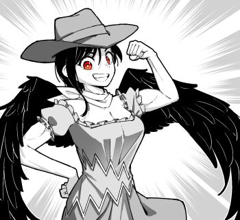 1girl bandana bandana_around_neck biceps breasts cleavage commentary_request cowboy_hat dress feathered_wings flexing greyscale grin hand_on_own_hip hat highres kurokoma_saki long_hair looking_at_viewer monochrome puffy_short_sleeves puffy_sleeves red_eyes short_sleeves smile solidus_(sword_cube) solo spot_color touhou wings