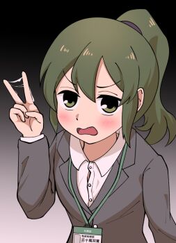1girl commentary_request green_eyes green_hair grey_jacket id_card igarashi_futaba jacket lanyard office_lady open_mouth ponytail pussy_juice pussy_juice_on_fingers senpai_ga_uzai_kouhai_no_hanashi solo tsumeshi_nana upper_body