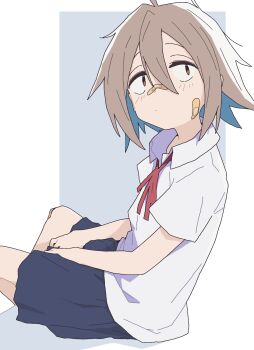 1girl absurdres bad_id bad_twitter_id bandaid bandaid_on_cheek bandaid_on_face bandaid_on_knee bandaid_on_leg bandaid_on_nose blue_hair blue_skirt brown_hair collared_shirt colored_inner_hair do_it_yourself!! expressionless hair_between_eyes hands_on_lap highres looking_at_viewer multicolored_hair red_eyes ri_6n shirt short_sleeves sitting skirt solo two-tone_hair white_shirt yua_serufu