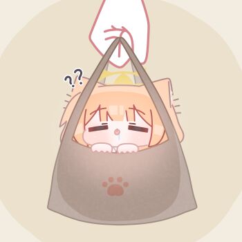 Rule 34 | 1girl, ?, ??, absurdres, animal ear fluff, animal ears, bag, blue archive, blush, chibi, closed eyes, commentary, drooling, english commentary, halo, hands up, highres, horuhara, in bag, in container, mari (blue archive), no nose, orange hair, paw print, saliva, simple background, solo focus, tongue, tongue out, tote bag, yellow halo