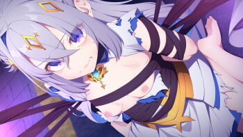 1girl absurdres amane_kanata aobara_hairi arms_behind_back barefoot blue_hair bound bound_arms breasts brooch clenched_teeth colored_inner_hair commentary crossed_bangs double-parted_bangs dress dutch_angle grey_hair hair_between_eyes highres hololive indoors jewelry long_hair looking_at_viewer mahou_shoujo_holowitch! multicolored_hair nipples official_alternate_costume official_alternate_hairstyle purple_eyes restrained single_hair_intake sitting sleeveless sleeveless_dress small_breasts soles solo teeth torn_clothes torn_dress virtual_youtuber white_dress