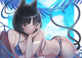 1girl absurdres animal_ears bikini black_eyes black_hair blue_archive blue_bikini blue_halo blue_tail cat_ears cat_girl cat_tail criss-cross_straps gradient_tail halo hammock highres kikyou_(blue_archive) kikyou_(swimsuit)_(blue_archive) layered_bikini looking_at_viewer mr2d multi-strapped_bikini_bottom multiple_tails official_alternate_costume short_hair solo swimsuit tail two_tails