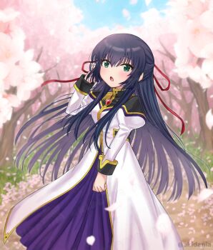 Rule 34 | 1girl, :o, angel wing uniform, blue hair, cherry blossoms, dress, from side, galaxy, galaxy angel, green eyes, hair between eyes, hair ribbon, hand in own hair, highres, karasuma chitose, kitaru, long hair, looking at viewer, monocle, monocle chain, outdoors, purple dress, red ribbon, ribbon, solo, standing