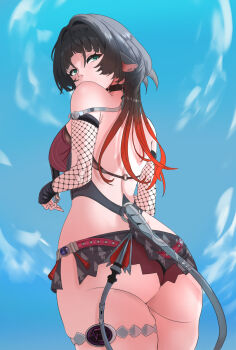 1girl animal_ears ass black_hair black_one-piece_swimsuit black_sarong blue_sky bow breasts commentary fishnet_sleeves fishnets from_behind green_eyes highres jane_doe_(nocturne_of_light)_(zenless_zone_zero) jane_doe_(zenless_zone_zero) large_breasts mouse_ears mouse_girl mouse_tail multicolored_hair official_alternate_costume one-piece_swimsuit red_bow sarong sky solo sorrow924 swimsuit tail thighs two-tone_hair zenless_zone_zero