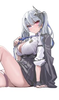 Rule 34 | 1girl, absurdres, arm support, blue eyes, blue necktie, blush, breasts, button gap, cleavage, closed mouth, clothes grab, collared shirt, cross, grey hair, grey skirt, heterochromia, highres, inverted cross, jacket, jacket on shoulders, jewelry, kanzarin, knee up, large breasts, miniskirt, necktie, necktie grab, neckwear grab, neo-porte, open clothes, pink eyes, pleated skirt, shirt, simple background, sitting, skirt, sleeves rolled up, solo, tentei forte, tentei forte (2nd costume), thighs, twintails, underbust, virtual youtuber, white background, white shirt