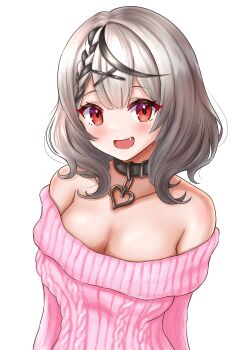 1girl :d absurdres aran_sweater armpit_crease bare_shoulders black_collar black_streaks blush braid breasts cable_knit cleavage collar collarbone fang grey_hair hair_ornament heart_collar highres hololive large_breasts looking_at_viewer multicolored_hair off-shoulder_sweater off_shoulder open_mouth pink_sweater red_eyes ribbed_sweater sakamata_chloe short_hair smile solo streaked_hair sweater transparent_background two-tone_hair upper_body urushinuri virtual_youtuber x_hair_ornament