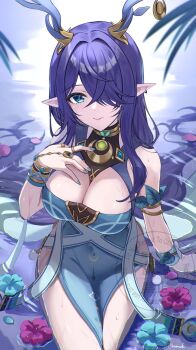 1girl amaneko_(amaneko_y) blue_dress blue_eyes blue_nails breasts cleavage closed_mouth commentary_request dress fingernails genshin_impact hair_over_one_eye hand_on_own_chest hand_up highres large_breasts lauma_(genshin_impact) long_hair looking_at_viewer nail_polish partially_submerged pelvic_curtain pointy_ears purple_hair sitting sleeveless sleeveless_dress smile solo very_long_hair water