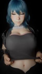 1girl 3d animated black_background black_shirt blue_eyes blue_hair blush bouncing_breasts breast_drop breasts buttons female_byleth_(fire_emblem) clothes_lift female_focus fingernails fire_emblem fire_emblem:_three_houses flashing highres j9006 jiggle large_breasts lifting_own_clothes looking_at_viewer lowres medium_hair midriff navel nintendo nipples no_bra realistic shirt shirt_lift simple_background solo standing stomach video