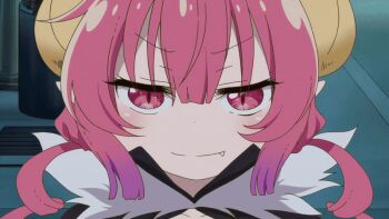 animated animated_gif anime_screenshot bandeau bouncing_breasts breasts cape claws cleavage dragon_girl dragon_horns fur-trimmed_cape fur_trim gigantic_breasts grabbing_own_breast gradient_hair horns huge_breasts ilulu_(maidragon) kobayashi-san_chi_no_maidragon looking_at_viewer multicolored_hair purple_hair red_hair smile smug