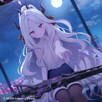 1girl ahoge black_halo black_skirt black_thighhighs blue_archive blue_sky blush breasts commentary_request copyright_notice demon_girl demon_horns dutch_angle full_moon gun halo highres hina_(blue_archive) horns indoors long_hair looking_at_viewer machine_gun mg42 moon night official_art purple_eyes rangu sample_watermark sitting skirt sky small_breasts solo star_(sky) starry_sky textless_version thighhighs very_long_hair watermark weapon white_hair