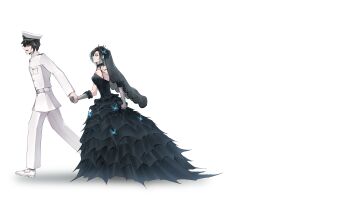 1boy 1girl absurdres azur_lane bare_shoulders black_choker black_dress black_eyeshadow black_flower black_hair black_rose black_veil breasts bridal_veil bride butterfly_hair_ornament choker cleavage commander_(azur_lane) commentary dress dress_shoes english_commentary epaulettes eyeshadow faceless faceless_male flower frilled_choker frills full_body gloves goth_fashion gradient_hair groom hair_flower hair_ornament hat highres holding holding_hands horns husband_and_wife jacket makeup mechanical_horns medium_breasts military_hat military_uniform multicolored_hair naval_uniform official_alternate_costume open_mouth pants peaked_cap red_horns rose see-through_clothes see-through_gloves shoes short_hair silk slit_pupils smile spider_web spiked_choker spiked_ear_piercing spikes two-tone_hair ulrich_von_hutten_(azur_lane) ulrich_von_hutten_(liebestrank)_(azur_lane) veil walking wedding_dress white_gloves white_hair white_hat white_jacket white_pants white_shoes xuwasoo yellow_eyes