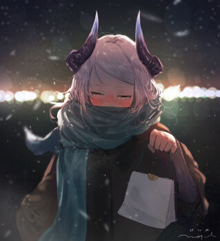 1girl absurdres alternate_costume alternate_hairstyle arknights averting_eyes brown_coat brown_eyes coat dated dragon_girl dragon_horns facing_viewer gift green_scarf grey_hair highres holding holding_gift horns incoming_gift liskarm_(arknights) looking_to_the_side pppmepl scarf scarf_over_mouth signature solo