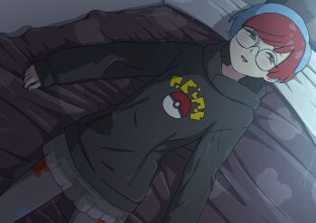 1girl :d absurdres black_hoodie blue_hair blush glasses grey_eyes grey_pantyhose highres hood hoodie indoors long_sleeves lying magu_(tfxcoufgfhbmziy) multicolored_hair nintendo on_back on_bed open_mouth pantyhose penny_(pokemon) poke_ball_print pokemon pokemon_scarlet_and_violet red_hair round_eyewear see-through_clothes see-through_skirt short_hair shorts skirt sleeves_past_wrists smile solo two-tone_hair