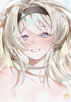 bare_shoulders blue_pupils firefly_(honkai:_star_rail) grey_hair hair_between_eyes hair_intakes hair_ornament hairband highres honkai:_star_rail honkai_(series) long_hair multicolored_eyes nude open_mouth smile two-tone_eyes yukiusagi_(snowrabbit0508)