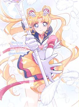 1girl bishoujo_senshi_sailor_moon bishoujo_senshi_sailor_moon_supers blonde_hair blue_eyes blue_sailor_collar choker collarbone commentary crescent crescent_earrings crescent_facial_mark dated_commentary double_bun earrings elbow_gloves facial_mark feathers forehead_mark gloves hair_bun heart heart_choker highres holding jewelry long_hair looking_at_viewer magical_girl miniskirt namisonpictures sailor_collar sailor_moon sailor_senshi sailor_senshi_uniform skirt solo star_(symbol) star_earrings super_sailor_moon tsukino_usagi twintails white_feathers white_gloves