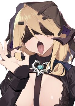 1girl absurdres andoris_(girls&#039;_frontline_2) andoris_(midnight_whisper)_(girls&#039;_frontline_2) blindfold blush breasts commentary_request demon_horns fellatio_gesture girls&#039;_frontline girls&#039;_frontline_2:_exilium highres horns mole mole_under_mouth official_alternate_costume open_mouth simple_background solo tongue tongue_out white_background yanagui_yugi