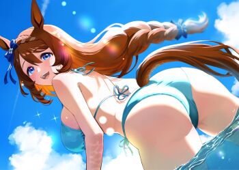1girl :d animal_ears ass back bikini blue_bikini blue_bow blue_eyes blue_sky bow braid breasts brown_hair cloud commentary_request day dutch_angle hair_between_eyes hair_bow highres horse_ears horse_girl horse_tail large_breasts lens_flare long_hair looking_at_viewer low-tied_long_hair narumi_yuzurai open_mouth outdoors sky smile solo super_creek_(umamusume) swimsuit tail umamusume wading water