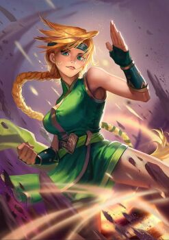 1girl artist_request bare_shoulders belt blonde_hair braid breasts clenched_hand full_body game_cg green_eyes headband long_hair miragine_war official_art solo source_request very_long_hair yanna_(miragine_war)