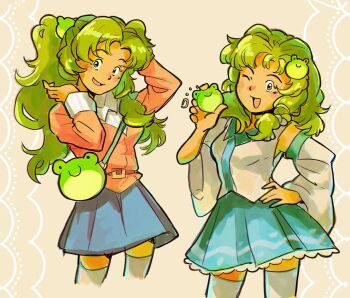 Rule 34 | 1girl, bag, blue skirt, commentary, detached sleeves, english commentary, frilled skirt, frills, frog hair ornament, green hair, hair ornament, hand on own hip, highres, kochiya sanae, long hair, looking at viewer, molly yancey, multiple views, one eye closed, open mouth, red shirt, shirt, shoulder bag, skirt, sleeveless, sleeveless shirt, thighhighs, touhou, white shirt, white thighhighs