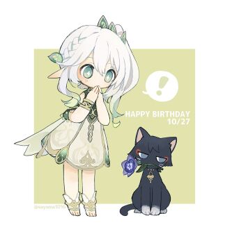 ! 1girl animalization anklet asymmetrical_sidelocks averting_eyes border bracelet bright_pupils cape colored_tips covering_own_mouth cross-shaped_pupils dated detached_sleeves dress eyeliner eyeshadow flower flower_in_mouth full_body genshin_impact gold gold_trim green_background green_eyes green_hair green_sleeves grey_eyes hair_between_eyes hair_ornament half_crown_braid hands_up happy_birthday highres jewelry leaf leaf_hair_ornament light_blush long_hair looking_down makeup multicolored_hair nahida_(genshin_impact) pointy_ears purple_flower red_eyeliner red_eyeshadow sayama1016 scaramouche_(cat)_(genshin_impact) scaramouche_(genshin_impact) side_ponytail sidelocks socks spoken_exclamation_mark standing streaked_hair sumeru_rose_(genshin_impact) symbol-shaped_pupils tareme toeless_socks twitter_username white_border white_cape white_dress white_hair white_pupils white_socks