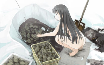 1girl barefoot black_eyes black_hair box breasts completely_nude dirty_hands flat_chest from_side full_body long_hair nipples nude original outdoors potato roreru_(rorerore-ya) shovel sideboob signature snow solo squatting very_long_hair