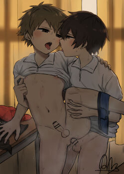 2boys alk anal artist_name bar_censor black_hair blush bottomless brown_hair censored curtains desk erection feet_out_of_frame indoors kodomo_doushi male_focus male_underwear multiple_boys navel nipples open_mouth original penis saliva saliva_trail school_desk sex shirt shota spread_legs sweat testicles tongue tongue_out underwear white_shirt yaoi