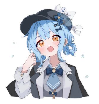 Rule 34 | 1girl, absurdres, black capelet, black hat, blue hair, blush, bow, braid, braided hair rings, brown eyes, capelet, collared shirt, commentary request, haguran, hair rings, hat, highres, long sleeves, looking at viewer, mahou shoujo no majo saiban, open mouth, shirt, smile, solo, star (symbol), tachibana sherry, upper body, white background, yellow eyes