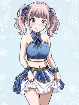 1girl bare_shoulders blue_background blue_skirt blush breasts closed_mouth commentary_request cowboy_shot crop_top girls_band_cry grey_eyes highres hina_(girls_band_cry) layered_skirt macqueen7777 medium_breasts medium_hair midriff pink_hair pleated_skirt short_twintails skirt solo strapless sweatdrop twintails wavy_mouth white_skirt