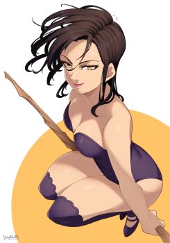absurdres artist_name breasts brown_hair cleavage closed_mouth collarbone highres leotard medium_breasts medium_hair merlin_(nanatsu_no_taizai) nanatsu_no_taizai signature solo staff stayaliveplz thighhighs yellow_eyes