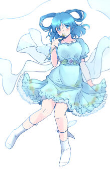 1girl belt blue_dress blue_eyes blue_hair blush collarbone commentary_request dress flower_ornament full_body grey_belt hagoromo hair_rings holding_chisel kaku_seiga knees knees_together_feet_apart medium_hair one-hour_drawing_challenge parted_lips puffy_short_sleeves puffy_sleeves rangycrow see-through_scarf shawl short_sleeves socks solo touhou white_background white_socks