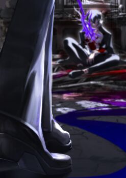 2boys absurdres anz1105 black_coat black_hair black_pants black_shoes blood blood_on_clothes blood_on_face blood_splatter blurry blurry_background closed_mouth coat commander_(forever_7th_capital) death forever_7th_capital grass hair_between_eyes highres implied_murder indoors iscario_(forever_7th_capital) knee_up long_sleeves male_commander_(forever_7th_capital) male_focus multiple_boys no_eyes on_floor out_of_frame painting_(object) pants polearm pool_of_blood popped_collar shirt shoes short_hair sitting solo_focus spear stab standing walking weapon white_shirt