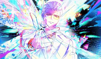 Rule 34 | 1boy, black shirt, close-up, coat, collared shirt, colorful, distortion, dithering, glitch, hair slicked back, head tilt, looking at viewer, mullet, necktie, pcacao, red necktie, saturated, shirt, smirk, snapping fingers, solo, sparkle, to be hero, to be hero x, upper body, white coat, white hair, x (to be hero x), yellow eyes