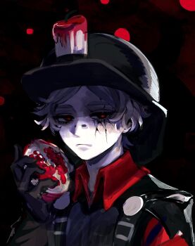 1boy black_gloves black_hat black_shirt bridge_piercing candle colored_skin contrast_collar cracked_skin expressionless face_piercing food fruit gloves glowing glowing_eyes grey_hair half-closed_eyes hat highres hoge_(n8sss) holding holding_food holding_fruit identity_v looking_at_viewer male_focus norton_campbell norton_campbell_(wanderer) piercing pomegranate portrait red_eyes shaded_face shirt short_hair solo suspenders white_skin