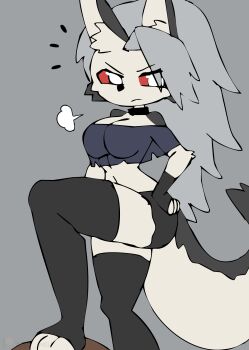 1girl absurdres angry animal animal_ears black_shirt black_shorts black_thighhighs breasts breath choker cleavage colored_sclera eyes_visible_through_hair furry grey_background grey_fur grey_hair hand_on_own_hip hellaverse helluva_boss highres large_breasts long_hair looking_at_viewer loona_(helluva_boss) midriff navel off-shoulder_shirt off_shoulder puff_of_air red_sclera shirt short_sleeves shorts sketch standing tail thighhighs toeless_legwear tony_welt white_eyes wolf wolf_ears wolf_girl wolf_tail