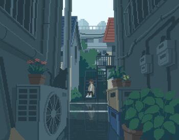 1boy 1girl air_conditioner alley animated animated_gif barred_window bicycle black_cat broom brown_hair building cat flower house industrial_pipe looping_animation mejwh original overcast pixel_art plant potted_plant rain reflection reflective_pavement riding riding_bicycle scenery sitting sitting_on_stairs sky stairs wide_shot