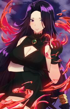 1girl absurdres arm_under_breasts artist_name aurora_(kagejitsu) bare_shoulders breasts chain chain_necklace cleavage cleavage_cutout closed_mouth clothing_cutout cloud cloudy_sky commentary dress fire gem gloves green_dress green_gemstone green_gloves hair_tubes hand_up highres instagram_logo instagram_username jewelry kage_no_jitsuryokusha_ni_naritakute! knowname large_breasts light_blush long_hair looking_at_viewer metal_hair_tubes mole mole_under_mouth necklace purple_eyes purple_hair pyrokinesis sky sleeveless sleeveless_dress smile solo turtleneck turtleneck_dress twitter_logo twitter_username upper_body