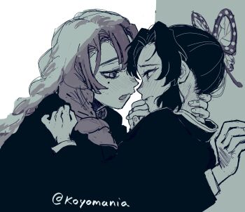 2girls blush braid butterfly_hair_ornament closed_mouth commentary demon_slayer_uniform eye_contact full-face_blush greyscale hair_ornament hand_on_another's_neck highres jacket kanroji_mitsuri kimetsu_no_yaiba kochou_shinobu koyomania long_hair looking_at_another mole mole_under_eye monochrome multiple_girls neck_blush purple_hair spot_color sweat twin_braids twitter_username yuri