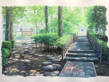 bush day dirt_road doremifa84 fence hedge highres no_humans original outdoors park path picket_fence plant road scenery shadow stepping_stones sunlight tile_floor tiles tree tree_shade wooden_fence