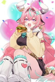 1girl ahoge animal_ears balloon braid burger confetti cow_ears cow_horns detached_sleeves ear_bell eating food gaba_(gaba_0987) genshin_impact hairband highres holding holding_burger holding_food horns leg_warmers long_hair midriff pink_hair purple_eyes sitting thighs twin_braids twitter_username varesa_(genshin_impact) white_leg_warmers