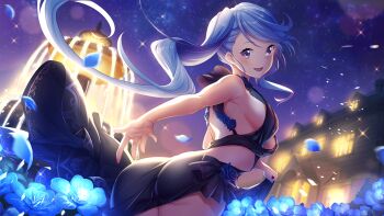 1girl above_clouds aerial_fireworks ass astronaut aurora backless_dress backless_outfit balcony bare_shoulders black_dress black_flower black_rose blue_bow blue_dress blue_flower blue_hair blue_ribbon blue_rose blush bouquet bow breasts bridget_(deep_one) building campfire christmas_lights city city_lights cityscape cloud constellation constellation_print crescent_moon deep_one_kyomu_to_mugen_no_fragment desert diffraction_spikes dress dusk dust earth_(planet) evening_gown ferris_wheel field fireflies fireworks floral_print flower flower_field fountain full_moon galaxy gintarou_(kurousagi108) globe gradient_sky halftone halter_dress halterneck horizon hydrangea jewelry lamppost light_particles lighthouse lingerie long_hair looking_at_viewer milky_way moon moonlight night non-web_source open_mouth outstretched_hand petals pink_flower pink_rose planet print_headwear purple_eyes purple_flower purple_rose purple_sky rainbow red_moon ribbon rose rose_petals rose_print shooting_star sideboob sky skyline skyscraper sleeveless sleeveless_dress smile snow snowing solo space sparkle sparkle_background sparkler stage_lights star_(sky) star_(symbol) starry_sky starry_sky_print summer_festival sunrise sunset tanabata tower town twilight ufo underwear very_long_hair white_flower white_rose window yellow_flower yellow_rose