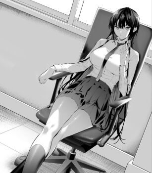 1girl chair collared_shirt greyscale hair_ribbon haite_kudasai_takamine-san hiiragi_yuuichi kneehighs long_hair long_sleeves monochrome necktie parted_lips pleated_skirt pointing pointing_up ribbon shirt sitting skirt socks solo swivel_chair takamine_takane taut_clothes taut_shirt window