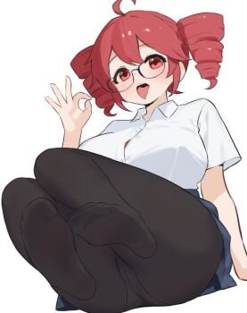ahoge alternate_costume black_pantyhose blue_sky blush breasts button_gap buttons collared_shirt drill_hair feet foot_focus foreshortening full_body ginlet_wa glasses hair_between_eyes huge_breasts kasane_teto looking_at_viewer miniskirt no_shoes pantyhose red_eyes sexually_suggestive shirt short_sleeves simple_background sitting skirt sky soles toes tongue tongue_out twin_drills utau white_background wing_collar