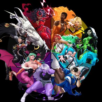 1other 6+girls ;d amethyst_(steven_universe) animal_print aqua_hair arrow_(symbol) artist_name ass avengers_(series) bat_print bat_wings bayonetta bayonetta_(series) bayonetta_1 beatrix_kiddo black_background black_bodysuit black_hair black_lips black_shirt blonde_hair blue_eyes blue_hair blunt_bangs bodysuit boots bracelet breasts bridal_gauntlets brown_pantyhose bruce_lee&#039;s_jumpsuit bun_cover capcom chest_jewel china_dress chinese_clothes chun-li cleavage color_wheel_challenge colored_skin commentary crossover cutoffs dark-skinned_female dark_skin darkstalkers dc_comics demon_girl dog double_bun dress english_commentary eyeshadow fur-trimmed_leotard fur_trim gem giovanna_(guilty_gear) glasses gloves green_bodysuit green_dog green_fur green_skin groin_tendon guilty_gear guilty_gear_strive gun hair_bun hair_over_one_eye hatsune_miku head_wings highleg highleg_leotard highres holding holding_gun holding_sword holding_weapon jewelry jujutsu_kaisen jumpsuit katana kicking kill_bill kim_possible_(series) large_breasts leotard lion long_hair looking_at_viewer looking_to_the_side magic mahoraga_(jujutsu_kaisen) makeup marvel marvel_rivals medium_breasts mole mole_under_mouth monster morrigan_aensland multicolored_bodysuit multiple_crossover multiple_drawing_challenge multiple_girls muscular navel necklace off-shoulder_leotard official_alternate_costume one_eye_closed open_mouth orange_bodysuit orange_eyes panties pantyhose parted_lips pepedraws pink_bridal_gauntlets pixie_cut plunging_neckline print_pantyhose purple_eyes purple_gemstone purple_pantyhose purple_skin reaching reaching_towards_viewer recycling_symbol red_dress red_eyeshadow red_gloves red_hair red_lips rei_(guilty_gear) scarlet_witch scarlet_witch_(emporium_matron) shego shirt short_hair sleeves_pushed_up smile spiked_bracelet spikes steven_universe street_fighter suspenders sword teeth tooth_necklace torn_clothes torn_shirt twintails underwear vixen_(dc) vocaloid wanda_maximoff weapon white_boots white_hair white_skin wings wolf yellow_eyes yellow_jumpsuit