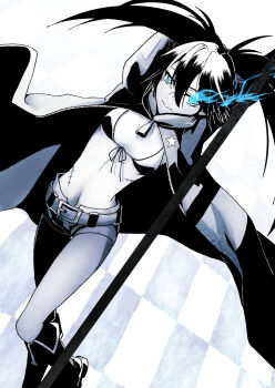 1girl belt bikini black_coat black_hair black_rock_shooter black_rock_shooter_(character) black_shorts blue_eyes blue_fire boots coat fire flaming_eye front-tie_bikini_top front-tie_top highres long_hair misonikorz no_shirt open_clothes open_coat pale_skin scar short_shorts shorts swimsuit twintails uneven_twintails